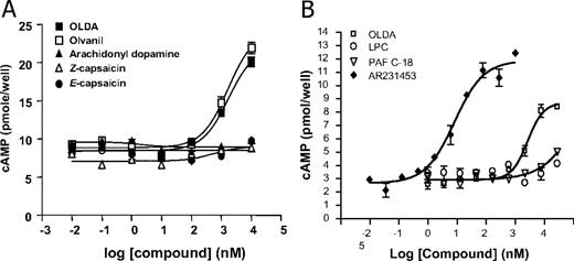 GPR119 is responsive to lipid amides. A, Adenylyl cyclase assay in human GPR119-transfected HEK293 cells. HEK293 cells were transfected with 5 μg of plasmid DNA encoding haemmaglutinin (HA)-tagged human GPR119 in a 10-cm dish. Twenty-four hours after transfection, cells were collected, and 1 × 105 cells per well were used for cAMP assay. Data were shown as picomole cAMP production by cells plated in one well of a 96-well plate (mean ± sem, n = 3) and plotted using Prism software program. B, Comparison between GPR119 synthetic agonist AR231453, OLDA, C18:1 LPC, and platelet-activating factor (PAF) on human GPR119-mediated cAMP production in transfected 293 cells.