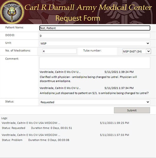 Medication request form with comments showing communication between team members.