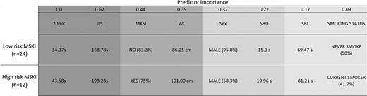 Population classification with predictor importance from 1.0 to 0.009. 20 meter rushes. MSKI = recruits with musculoskeletal injury during BMQ.