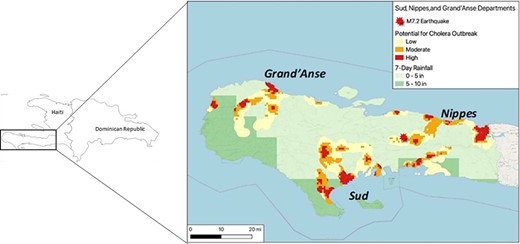 Cholera hotspot regions were identified based on areas of population density, proximity to potentially flooded waterways, and 7-day total rainfall data in Haiti.