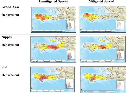 Cumulative geographic spread of cholera cases after 12 weeks with and without mitigations employed.