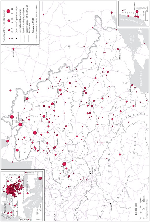 Readership of Olam Katan according to the number of letters (cartography by Waldemar Spallek).