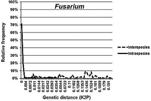 Distribution of interspecies (broken line) and intraspecies (solid line) pairwise Kimura 2-parameter genetic distances in Fusarium including F. delphinoides; F. falciforme; F. oxysporum; F. proliferatum; F. solani; F. keratoplasticum; F. petroliphilum; F. verticillioides.