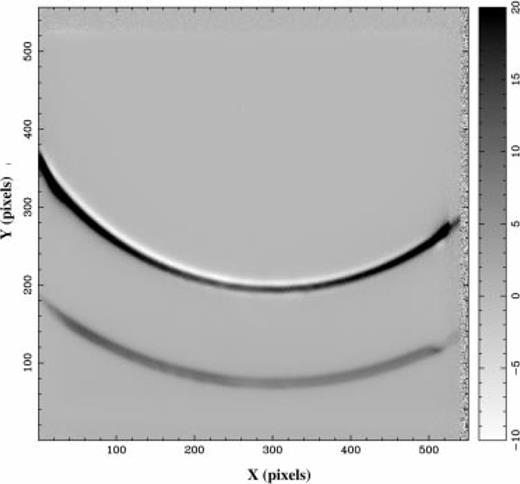 The difference between neon monitoring images before and after the NGC 1808 run, showing movement of the rings.