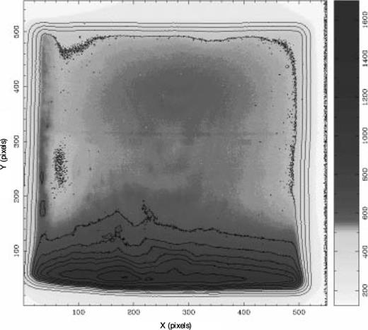 Average image 1obtained from the WL cube for the NGC 1808 run. Contours are 100, 200, 300, …, 800, 900, 1000, 1200, 1400, 1600 counts. The grey-scale uses histogram equalization from 120 to 1600 counts.