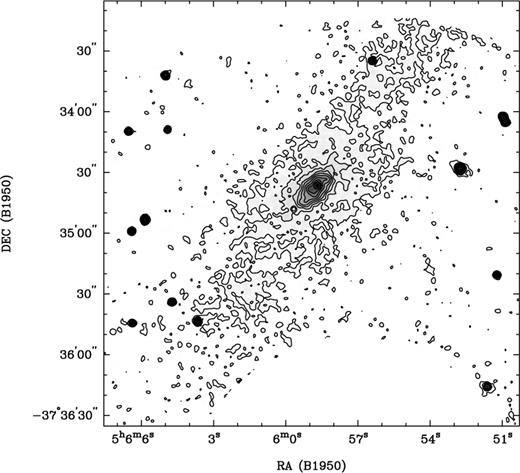 The NGC 1808 optical continuum, after convolution with a 1.8-arcsec (3 pixel wide) Gaussian. The wavelength is centred on ∼6585.4 Å. A circular partially sampled region at the bottom has been masked out owing to its high noise level. Contour levels are 3, 5, 7.1, 10, 14, 20, 28, 40 and 57×10−28 erg cm−2 s−1 Hz−1.