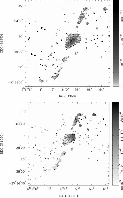 Hα zeroth- and first-moment maps of NGC 1808, obtained using the aips task momnt. Circular regions to the top and bottom were only partially sampled and have been masked to remove noise. There is not thought to be emission in these regions. Top panel: zeroth moment (integrated Hα intensity distribution). Contours are 1, 2, 4, 8, 16, 32, 64 and 128×10−16 erg s−1 cm−2. Bottom panel: first moment (mean Hα velocity field). Contours are 800, 850, 900, 950, 1000, 1050, 1100, 1150 and 1200 km s−1.