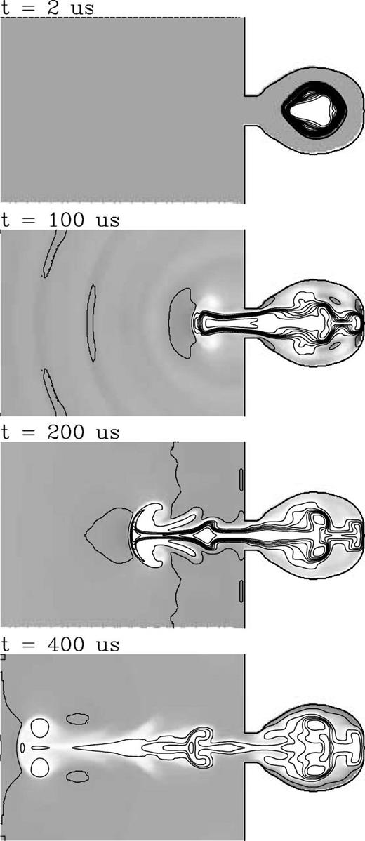 Time-evolution of the density stratification resulting from the numerical simulation. The density stratifications for times t=2, 100, 200 and 400 μs from the laser pulse are shown. The density stratification is shown with linearly spaced contours (at intervals of 10−4 g cm−3) and with a grey-scale (with darker tones corresponding to higher densities). The stratifications correspond to a cut of the cylindrical density structure through the symmetry axis, and the vertical dimension of the plots is 2 cm.