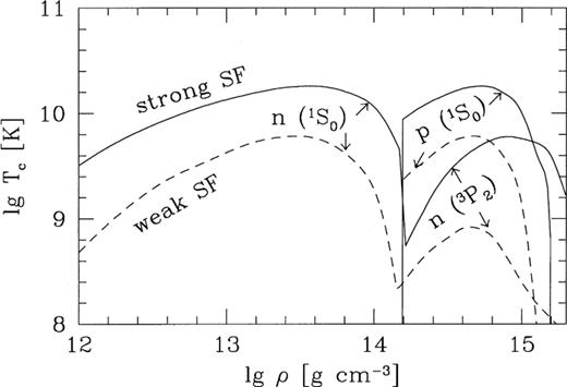 Density dependence of the critical temperatures of superfluidity (SF) of free neutrons in the inner crust, and neutrons and protons in the core for the strong (solid lines) and weak (dashed lines) superfluid models (see text for details).