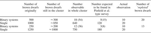 A comparison of the observable number of brown dwarfs contained within our simulated clusters and the current observations of the Pleiades cluster. In the case of the binary systems we have two figures quoted for the number of systems visible. The first refers to those which should be found via the binary second sequence as those found within the Pleiades have been. The second figure refers to those which should be resolvable. In both simulations there were initially 1500 brown dwarfs and 500 binary systems with a discrete fraction containing brown dwarfs (as detailed in the first column), the systems had an upper separation of 900 au. In the fifth column we detail the number of brown dwarfs that we would expect to find within a survey akin to that carried out by Pinfield et al. (2000). This survey covered a total of six square degrees spread over five separate regions within the central parts of the cluster. As can be seen such a survey dramatically reduces the number of brown dwarfs that we expect to see compared to a survey of the cluster as a whole.We see that such a survey performed on our simulated clusters would yield too few binary systems that contain brown dwarfs (found via the second sequence), whilst it would find too many single brown dwarfs when compared to observations of the real Pleiades cluster.