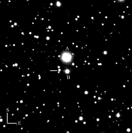 A 60-min J-band image of the field of RX J1914+24 taken using the 8-m Subaru telescope on Hawaii. Stars A and B are shown in the images of Motch et al. (1996) and Ramsay et al. (2000) and are separated by 7 arcsec. Star A has V∼15.5 (from data obtained at the NOT) and J∼12.1 (from UKIRT data, Ramsay et al. 2000) and was saturated in each 5-s exposure. The optical counterpart of RX J1914+24 is shown by the white marker.