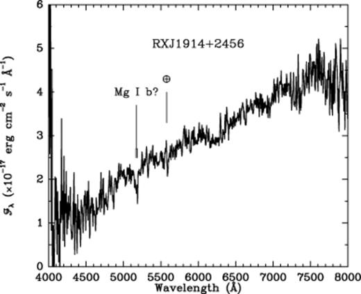 The optical spectrum of RX J1914+24 taken with the 2.3-m telescope at Steward Observatory at Kitt Peak, no correction for reddening has been applied. No significant emission lines are detected.