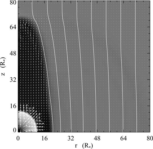 Grey-scale image of log pressure (darker is higher pressure), field lines and velocity vectors illustrate the flow at a late time and a larger scale for the σ*= 0.0087, baseline case shown in Fig. 1.