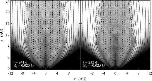 Grey-scale images of density (logarithmic), magnetic field lines and velocity vectors from the case with a 0.025 G vertical field. The two panels represent simulations that are identical except for the polarity of the vertical field (left panel has positive Bz, the right has negative, and the time in days is shown in each panel). The grey-scale is identical to Fig. 6, and the line spacing is proportional to field strength.
