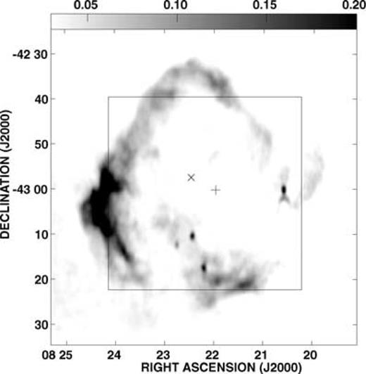 Radio continuum mosaic of Puppis A at 1415 MHz obtained with the VLA (Dubner et al. 1991). The angular resolution is 77 × 43 arcsec2. The grey-scale is in Jy beam−1. The inner frame shows the area covered by the present survey. The plus sign indicates the position of RX J0822–4300, while the cross shows the optical expansion centre computed by Winkler et al. (1988).