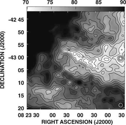 Grey-scale and contour image of the average Hi emission within 5.4 km s−1 of v=+16.1 km s−1. The brightness temperature scale is shown at the top of the image, in units of Kelvin. The contours vary from 63.7 to 97.3 K in steps of 2.1 K (3σ). The plus sign indicates the position of RX J0822–4300. The cross shows the position calculated by Winkler et al. (1988) for the optical expansion centre. The beam, 90 × 90 arcsec2, is plotted as a white open circle in the bottom-right corner. The noise level is ∼0.7 K.