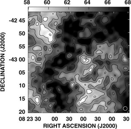 Grey-scale and contour image of the average Hi emission between +2.2 and +3.8 km s−1. The brightness–temperature scale is shown at the top of the image, in units of Kelvin. The contours vary from 57.4 to 82.6 K in steps of 2.1 K (3σ). The plus sign indicates the position of RX J0822–4300. The beam, 90 × 90 arcsec2, is plotted as a white open circle in the bottom-right corner. The noise level is ∼0.7 K.