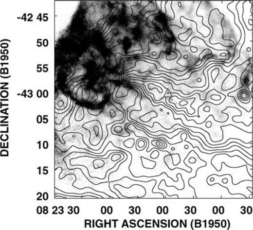 X-rays ROSAT image of Puppis A (Petre et al. 1996) in grey-scale, superimposed on to the Hi contours of Fig. 3. The radio-quiet NS is shown enclosed by an open triangle.