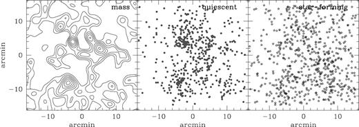 Distribution of redshift-selected supercluster galaxies relative to lensing mass map of Gray et al. 2002 (left). The contours represent a spacing of Δκ= 0.02, smoothed with a Gaussian of σ= 60 arcsec. Note the decreasing concentration of the galaxies with increasing degree of star formation activity. This figure is available in colour in the on-line version of the journal on Synergy.