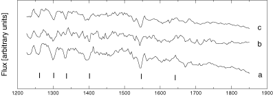 The mean spectrum of the sample without normalization (tracing a), after normalizing for the scalar product (tracing b), and after selecting for good signal-to-noise ratio (tracing c). Tick marks indicate the following features: Si iλ1260, O iλ1302 plus Si iiλ1304, C iiλ1335, Si ivλ1400, C ivλ1550, He iiλ1640.