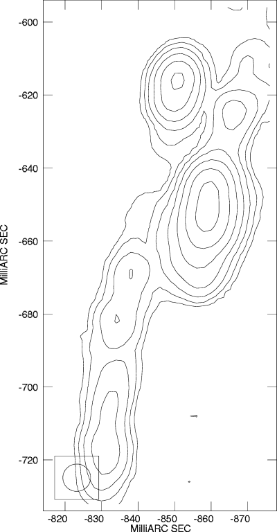 Masers displaying elongated morphologies. A Stokes I image of the maser group at offset coordinates −0.85 arcsec in RA, −0.65 arcsec in Dec. (maser group d). Nine of the 11 features, with fluxes >0.5 Jy, identified in this group have position angles in the range of 155°–179°.