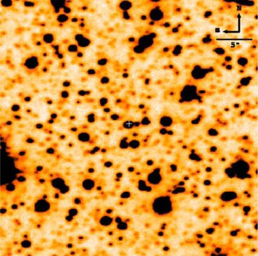 VLT/ISSAC image of the field of XTE J1720-318 in the Ks band. The position of the infrared source is marked with a cross.