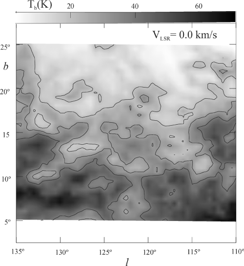 Map in Galactic coordinates of the intensity of the H i radiation at the mean velocity of feature A: 0 km s−1. The grey-scale at the top of the figure indicates the scale of intensities expressed in brightness temperatures. The drawn contours of brightness temperatures correspond to 20, 30 and 40 K.