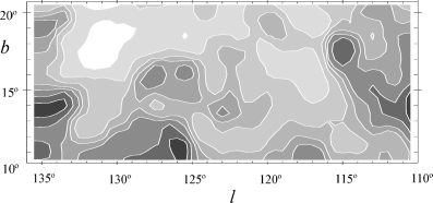 Distribution on the plane of the sky of the H i column density of feature A. The contours of NH are 10, 15, 20, 25, 30, 50 and 60 in units of 1019 atoms cm−2. The darkest shading corresponds to NH > 60 × 1019.