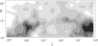 Distribution on the plane of the sky of the H i column density of feature C. The contours of NH are 10, 15, 20, 25, 45, 55, 65, 75, 85 and 95 in units of 1019 atoms cm−2. The grey tones increase with NH and the darkest shading corresponds to NH > 95 × 1019.