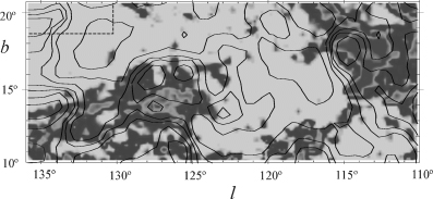 Comparison of the distributions of the CO and H i of feature A. The shadings represent the CO emission (Dame, Hartmann & Thaddeus 2001). The overlaid contours represent the NH distribution of feature A given in Fig. 7.