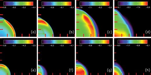Simulated X-ray surface brightness in soft and hard X-rays, as described in the text. (a) and (b) show soft and hard X-rays from Run L1 (low-density ISM) at 20 kyr; (c) and (d) do the same for Run L1 at 60 kyr; (e) and (f) show soft and hard X-rays from Run H1 (high-density ISM) at 20 kyr, while (g) and (h) show the same for Run H1 at 60 kyr. The tick marks indicate projected distances of 10 pc. The colour scale is the logarithm of the surface brightness in erg s−1 cm−2 sr−1.