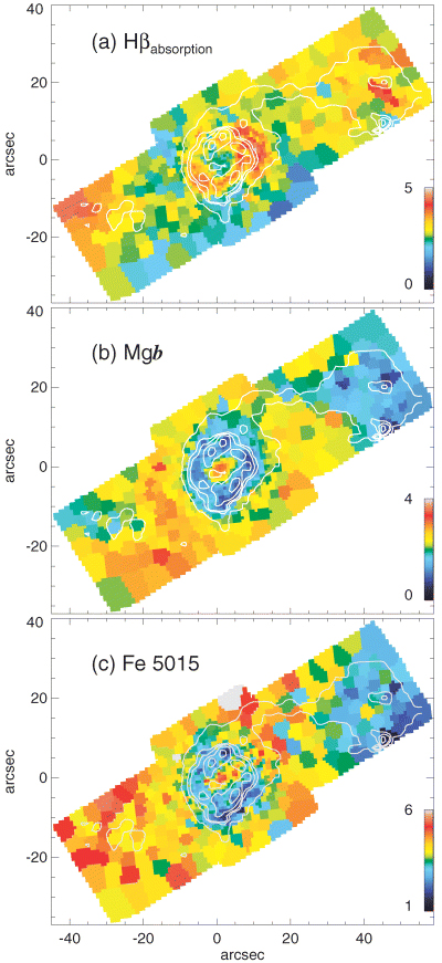 Absorption line strength maps: (a) Hβ, (b) Mgb, (c) Fe5015. Contours as in Fig. 1. Units are in Å.