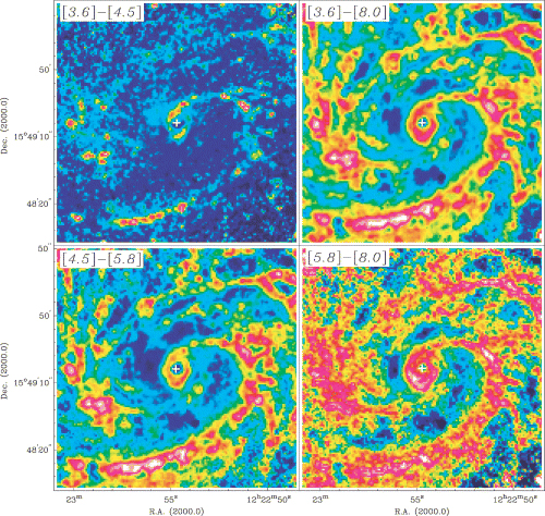 SST IRAC colour index maps of the central region of M100. In all maps, blue tones indicate blue colours (e.g. more 3.6 than 4.5-μm emission), while on the other extreme of the range red and white tones indicate the reddest colours. The nucleus of the galaxy is indicated with a white cross.