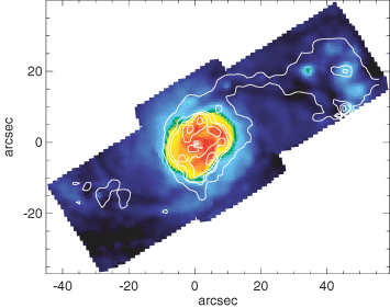 Total intensity map, reconstructed from our SAURON data cubes. Overlaid in white are the contours of the Hβ emission of Fig. 1.