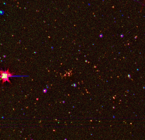 Three-colour composite image of the 4.3 × 4.4 arcmin2 field centred on XLSS J022303.0−043622, made from VLT/FORS2 Z-band (blue), NTT/SOFI Ks-band (green) and Spitzer/IRAC 3.6-μm band images (red). North is up, east is to the left. Although there are other objects in the field with similar colours and magnitudes as those in the cluster, the surface density of such galaxies at the cluster centre is far higher than that in the rest of the field. The cluster galaxies are clearly red, indicating their strength at 3.6 μm. While the galaxies are individually detectable in the optical data, their red colours make them stand out as an overdensity in the Ks and IRAC bands.