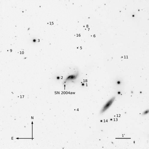 J-band image of the SN 2004aw field taken with the Calar Alto 3.5-m Telescope plus Omega 2000 on ut 2004 April 7. The local sequence stars are marked.