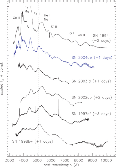 Comparison of spectra of SNe Ic close to maximum light. The spectra have been dereddened assuming B−V colour excesses of 0.30 mag for SN 1994I (Sauer et al. 2006), 0.37 mag for SN 2004aw, 0.14 mag for SN 2003jd (Valenti et al., in preparation), 0.04 mag for SN 1997ef (only Galactic extinction, Schlegel et al. 1998), 0.09 mag for SN 2002ap (Yoshii et al. 2003) and 0.06 mag for SN 1998bw (Galama et al. 1998). The order of plotting suggests increasing ejecta velocities from top to bottom.
