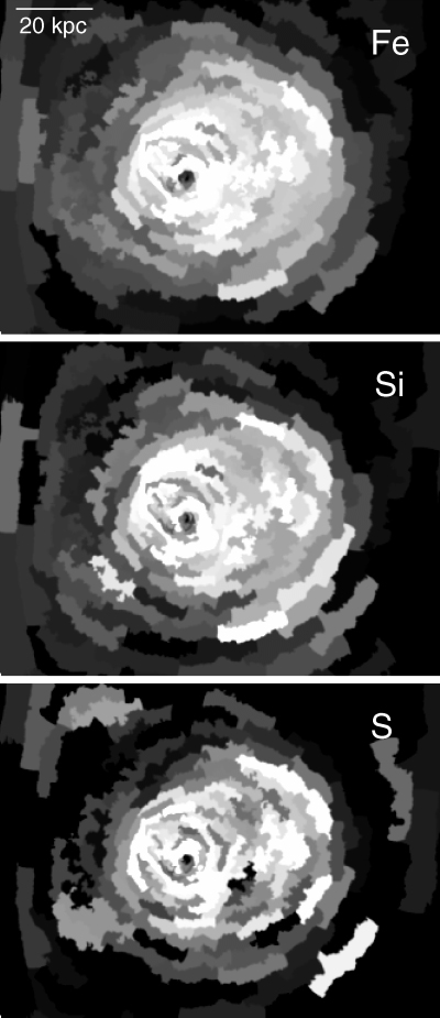 Higher spatial resolution abundance maps of Fe, Si and S, generated using regions containing at least 10 000 counts. Note the high-metallicity plume-like feature embedded in the high-metallicity extension to the west. There also appears to be high-metallicity regions to the edge of the western extension.