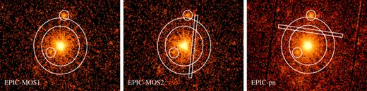 Source (circle) and background (annulus) regions selected for the spectrum extraction of Cyg OB2 #8A for the first XMM–Newton observation. Boxes were used to exclude the CCD gap for EPIC-pn and the bad column for EPIC-MOS2. Small circular regions were used to exclude faint point sources close to Cyg OB2 #8A. The EPIC-pn image was corrected for out of time (OOT) events. The inner circle has a radius of 60 arcsec. North is up and east is to the left-hand side.