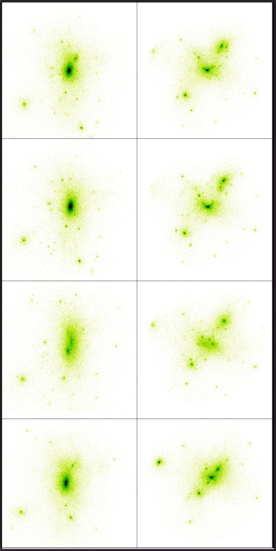 Visual representation of the two most massive haloes at redshift z= 0. The left-hand column shows the most massive halo while the right-hand column is the second most massive one. From top to bottom one has ΛCDM, ΛCDM happi1, ΛCDM happi2 and ΛWDM.