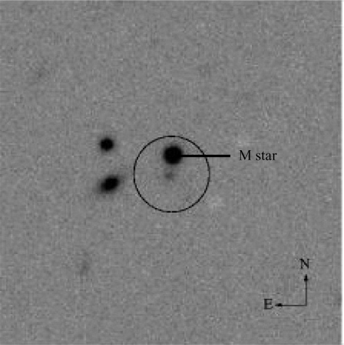 1 × 1 arcmin2R-band image of XMM J104444.50−013313.5. The black circle is a 6 arcsec radius circle centred on the X-ray source position. The brighter counterpart is the M star for which we have an optical spectrum. The fainter counterpart is closer to the centre of the circle and thus to the X-ray source position.