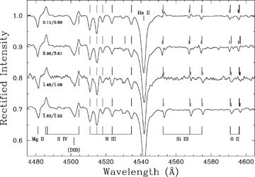 Signatures of the secondary's spectrum. Data have been lightly smoothed, rebinned, and renormalized to facilitate comparison between observations, which are labelled by orbital/Hα phases (Section 5.3/3.1). Spectra have been shifted to bring the primary to zero velocity; the long tick marks indicate rest wavelengths of the identified lines. In this reference frame, the He ii, N iii and S iv lines show no significant movement (i.e., arise principally in the primary's spectrum). The short tick marks show the expected positions of the O ii and Si iii lines in the secondary spectrum, according to the orbital solution given in Table 2.