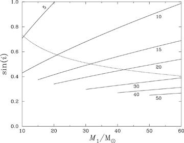 Constraints on the system mass resulting from the orbital solution of Table 2. The solid lines are loci of constant secondary mass, labelled in solar masses, implied by the mass function (assuming M2≤M1); the dotted line shows the estimated mass ratio.