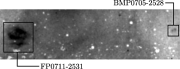 A smoothed 90 × 25 arcmin2 section of the blocked-down quotient image of SHS field HA756. The MASH PN FP0711-2531 was found during inspection of the blocked-down Hα image of the field, whereas using the superior quotient image we have uncovered the much fainter new MASH-II PN BMP0705-2528 nearby. NE is to the top left-hand side corner.