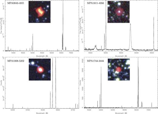 An assortment of MASH-II PNe spectra and colour composite images. Included are spectra from the ANU MSSSO 2.3-m telescope using the 300B (MPA0843-4821 and MPA1611-4356) and 1200R (MPA1008-5202) gratings and from the Anglo-Australian Telescope (AAT) 2dF/AAOmega facility using the 580V and 385R volume phase holographic transmission gratings spliced together at 5700 Å (MPA1744-3444).