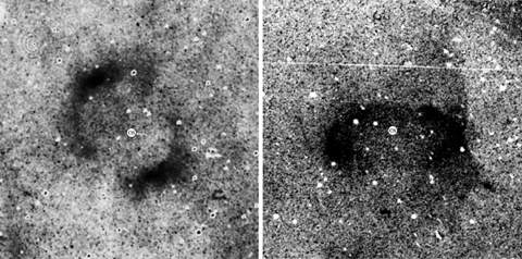 Two 15 × 15 arcmin2 quotient images of very large MASH-II PNe enhanced to show faint structure. BMP1808-1406 (left-hand side) exhibits elliptical geometry with opposing enhancements. BMP0733-3108 (right-hand side) shows bipolar morphology complete with faint outer lobes on both the sides of an elliptical centre. Positions of blue central star candidates are marked.