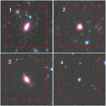 Postage stamps for the four elliptical galaxies of Fig. 19(R), colour-coded with blue = 3.6 μm, red = 8 μm. The size of each postage stamp is 1 arcmin.