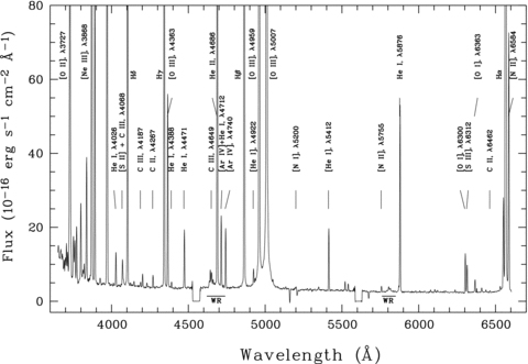 1D reduced spectrum of the planetary nebula StWr 2-21. The spectrum covers the wavelength range 3500–6630 Å. Most of the detected stronger emission lines are marked. All detected lines are listed in Table 2. The locations of detected stellar WR lines are also indicated.