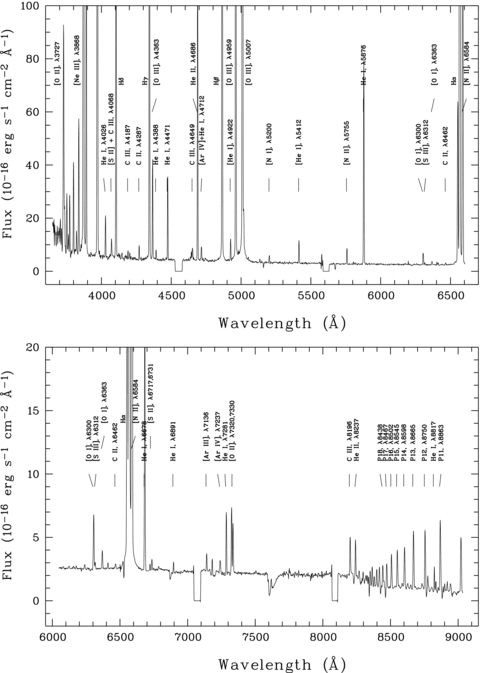 The 1D reduced spectra of the planetary nebula BoBn 1. The top spectrum covers a wavelength range of 3500–6630 Å and bottom spectrum covers a wavelength range of 6000–9050 Å. Most of the detected strong emission lines are marked. All detected lines are listed in Table 2.