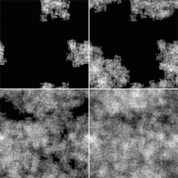 Vertical column density maps for four different porosity levels produced by our hierarchical clumping algorithm. We define porosity to be the fraction of our simulation grid that contains only the smooth density component. The figures show porosity levels of 99 per cent (top left-hand panel), 95 per cent (top right-hand panel), 80 per cent (bottom left-hand panel) and 45 per cent (bottom right-hand panel).